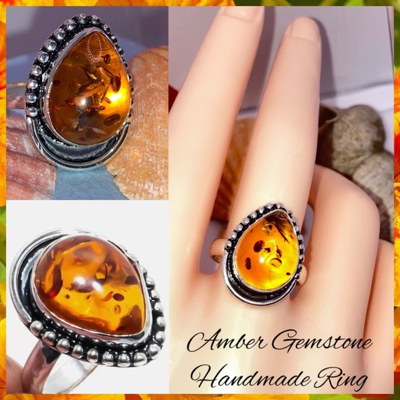 Dainty Amber Gemstone Handmade Halo Boho Ring - Picture 1 of 4